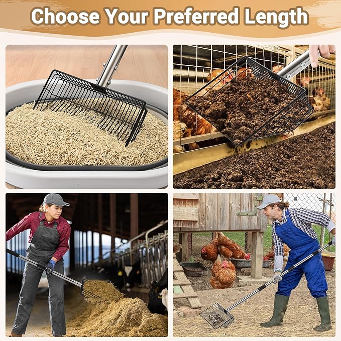 10inch Large Metal Chicken Poop Scooper, 24 to 68" Long Chicken Coop Litter Scoop with Stainless Steel Handle, 4 in 1 Multifunctional Heavy Duty Litter Sifting Shovel Chicken Coop Accessories