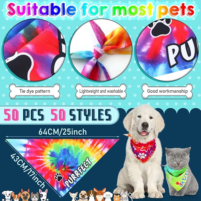 50 Pcs Tie Dye Dog Bandanas Bulk Pet Bibs Colorful Triangle Scarf Tie Dye with Sayings Pet Bandanas for Medium Large Dogs Spring Summer Birthday Costume Decor
