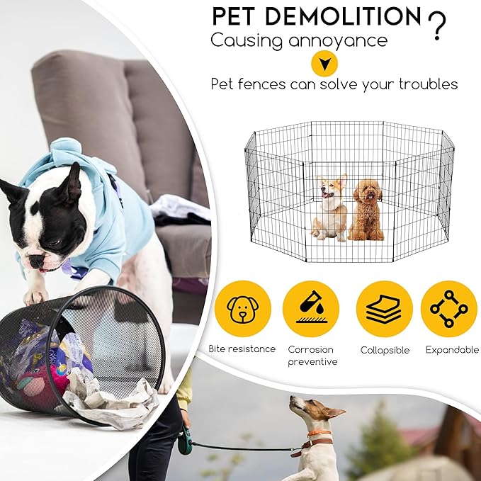 FDW 30 Inch Dog Pen 8 Panel Dog Playpen Indoor Outdoor Metal Puppy Pet Fence Portable Folding Animal Exercise Fence,Black