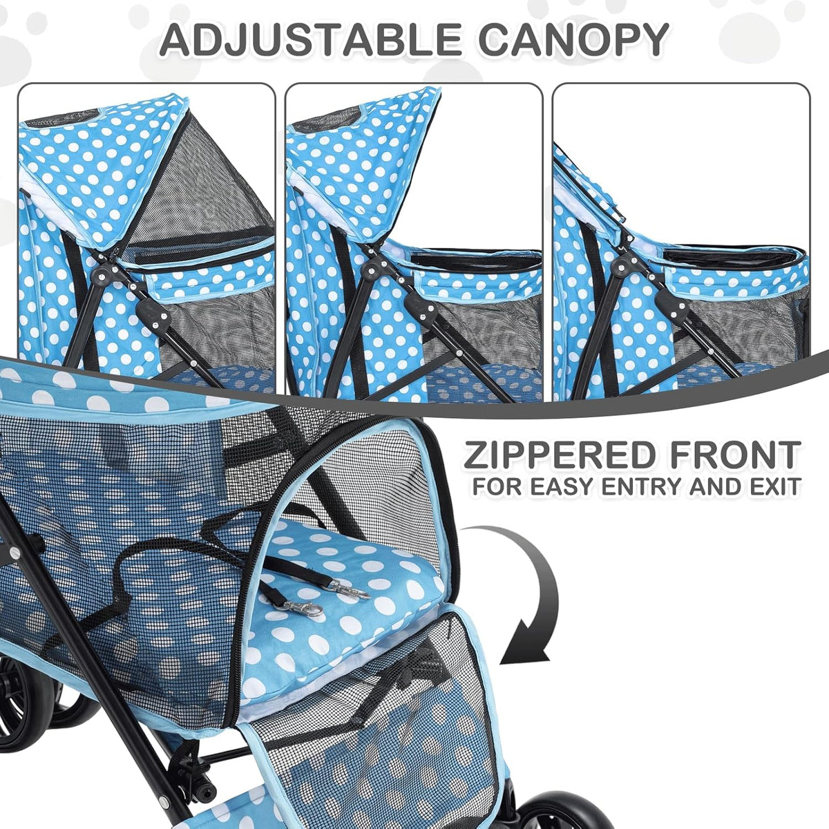MoNiBloom 4 Wheels Pet Stroller, Easy-Fold Umbrella Shaped Dog Cat Jogger Stroller w/Storage Bag & Visible Mesh for Small/Medium Dogs Cats Sky Blue Polka Dots