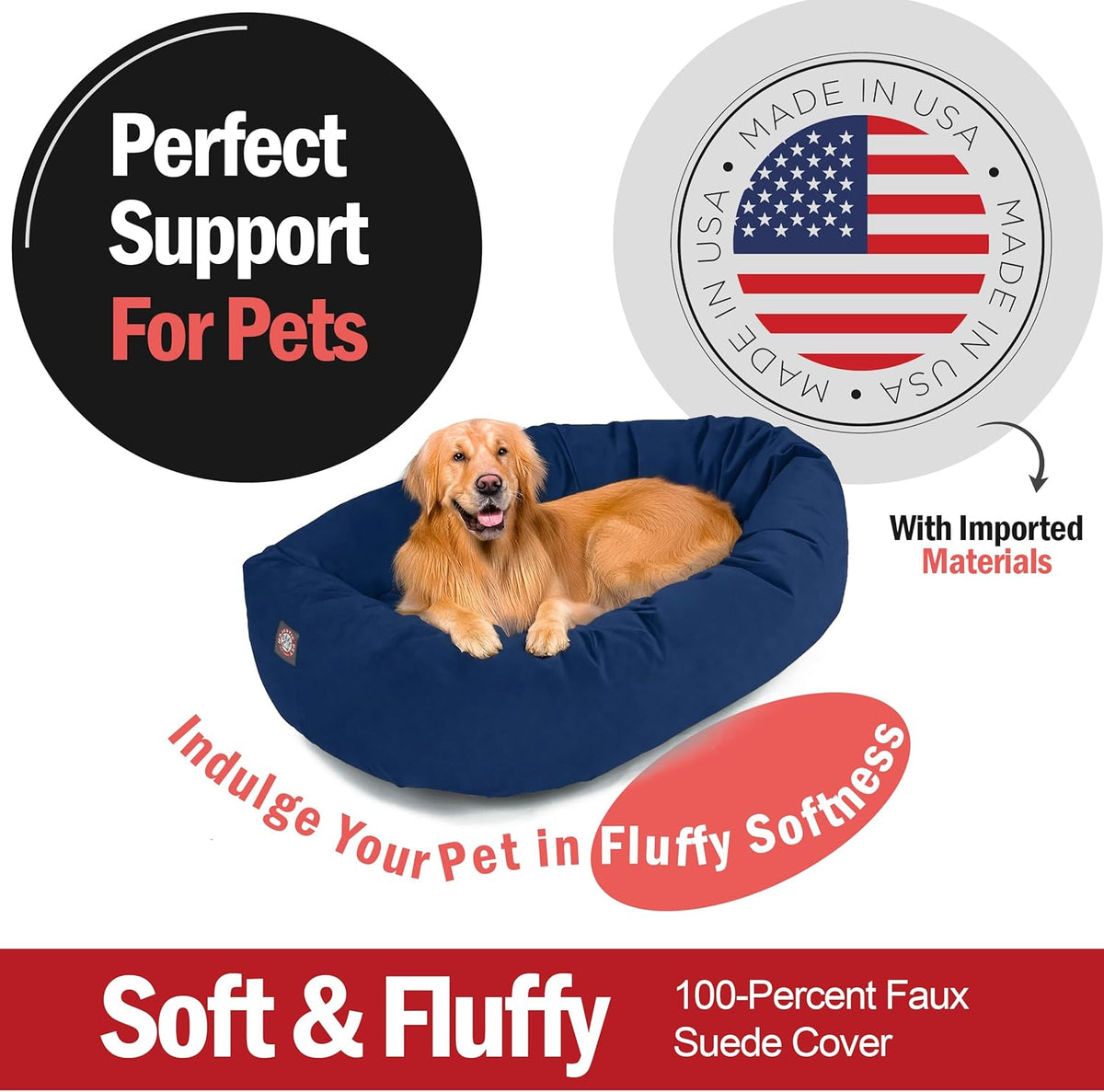 Majestic Pet 40 Inch Suede Shredded Memory Foam Mix Calming Large Dog Bed Washable 40 x 29 x 9 (Inch) - Cozy Soft Round Donut Dog Bed with Spine for Head Support - Pet Bed Navy