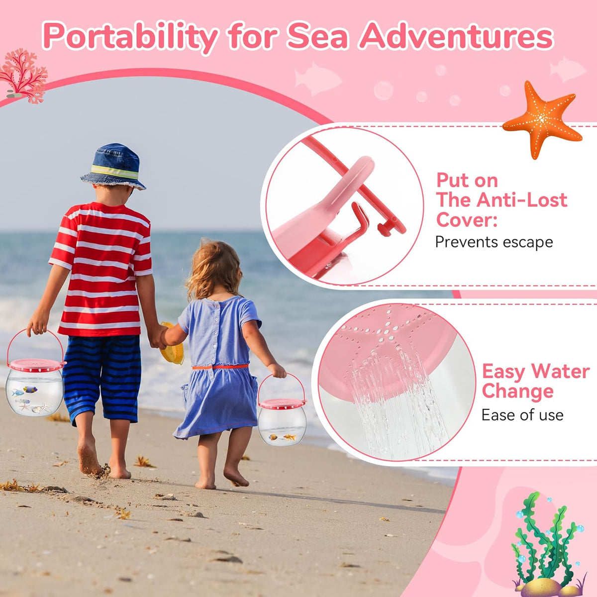 Saillong Catch and Release Plastic Small Bowl Kit, Portable Clear and Transparent Fish Bowl for Ocean Adventure, 0.8 Gallon Outdoor Cartoon Starfish Bucket Kit Ideal for Pool and Lake, Beach