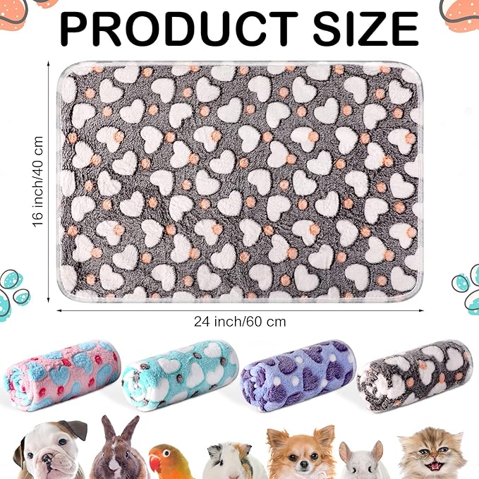 Reginary 4 Pcs Waterproof Guinea Pig Blankets Washable Small Animal Fleece Bedding Absorbent Guinea Pig Cage Liners Reusable Pet Pee Pad Sleep Mat for Hamster Ferret(Heart Pattern,24 x 16 Inch)