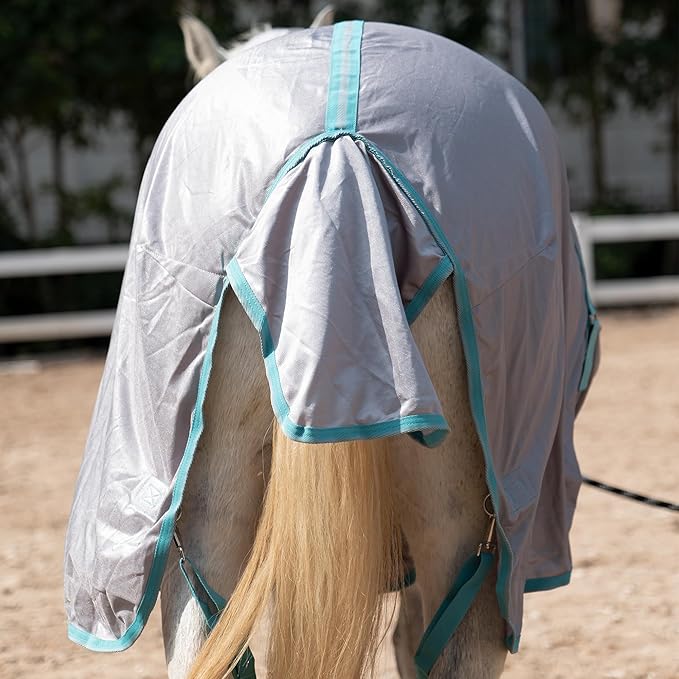 Horse Fly Sheet with Detachable Neck Cover & Belly Wrap, Adjustable Fly Sheet for Horses, Ventilated Airflow Mesh Equine Cooling Summer Flysheet Grey 66