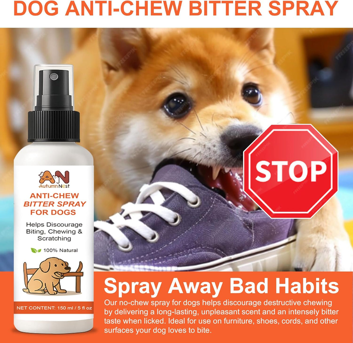 Anti-Chew & No-Go Dog Spray – 150ml Large Bottle – Helps Deter Chewing, Biting & Scratching – Safe for Furniture, Shoes & Carpets – Natural Bitter Formula for Dogs & Puppies