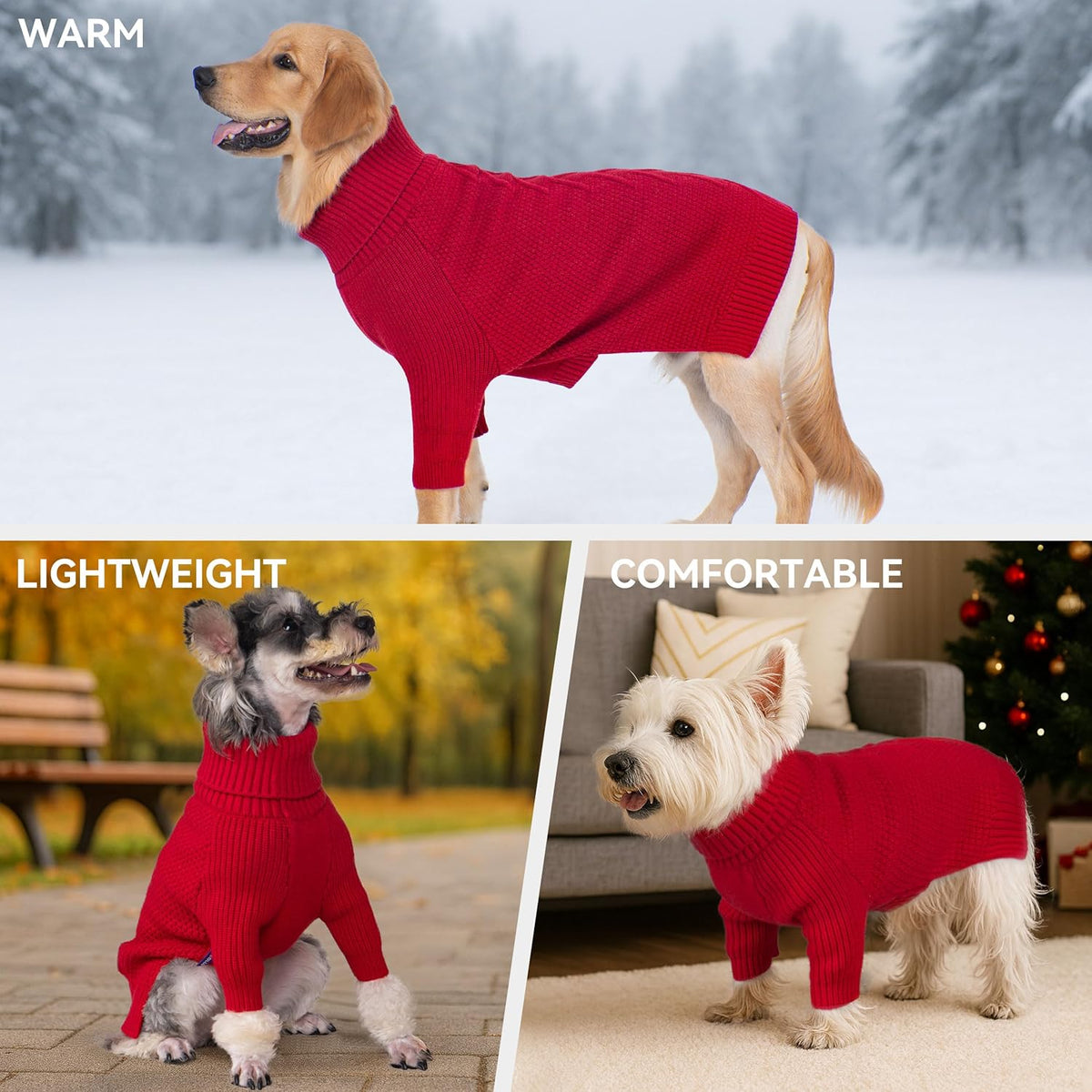 cyeollo Dog Sweaters for Medium Dogs Male, Stretchy Warm Turtleneck Doggy Clothes for Fall Winter, Thermal Knit Pet Apparel with Sleeves, Red XL