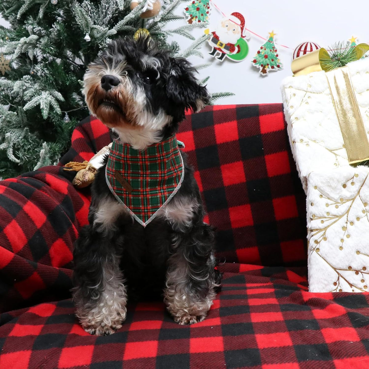 Lionet Paws Christmas Dog Bandana for Medium Large Dogs,Green Grid Dog Kerchief Washable Dogs Triangle Bibs Scarf for Girl or Boy