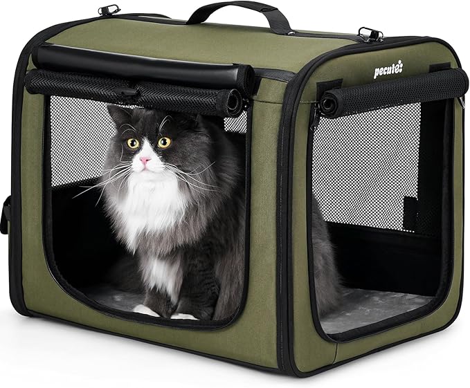 Pecute Dog Car Carrier Light Weight 19.7×16.9×14.8in, Dog Carrier Easy to Assemble, Dog Car Crate Portable and Breathable,Pet Carrier for Indoor and Outdoor, Dog Travel Crate with Curtain Green