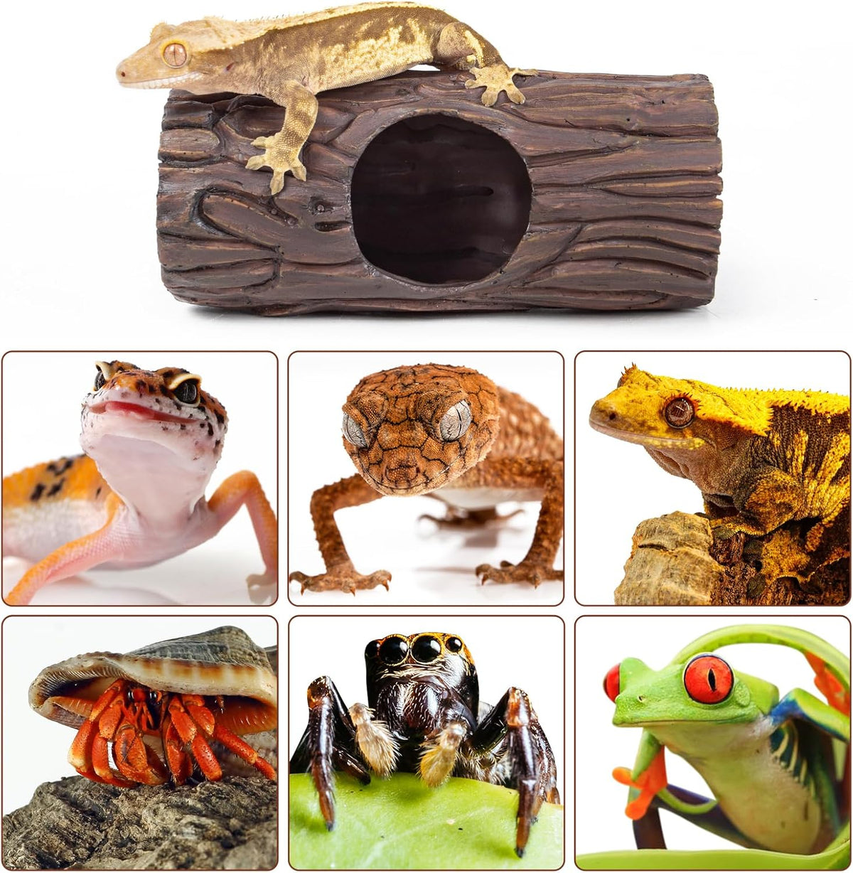 Reptile Hide, Resin Hollow Log Hideout with 2pcs Powerful Suction Cup, Reptile Tank Accessories Climbing Toys Terrarium Hideaway Caves Decor for Gecko, Lizard, Snakes, Hermit Crabs, Forgs