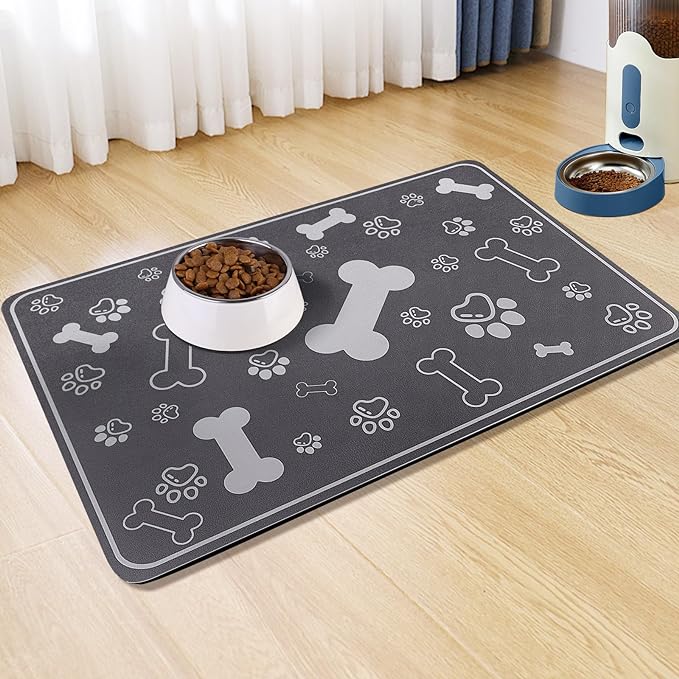 Pet Feeding Mat,Rapid Absorbent Mats for Dog Cat Food, Dog Placemat Water Bowl Mat with Rubber Backing,Messy Drinkers to Protect Floors, Pet Accessories 17"×29" Dark Grey
