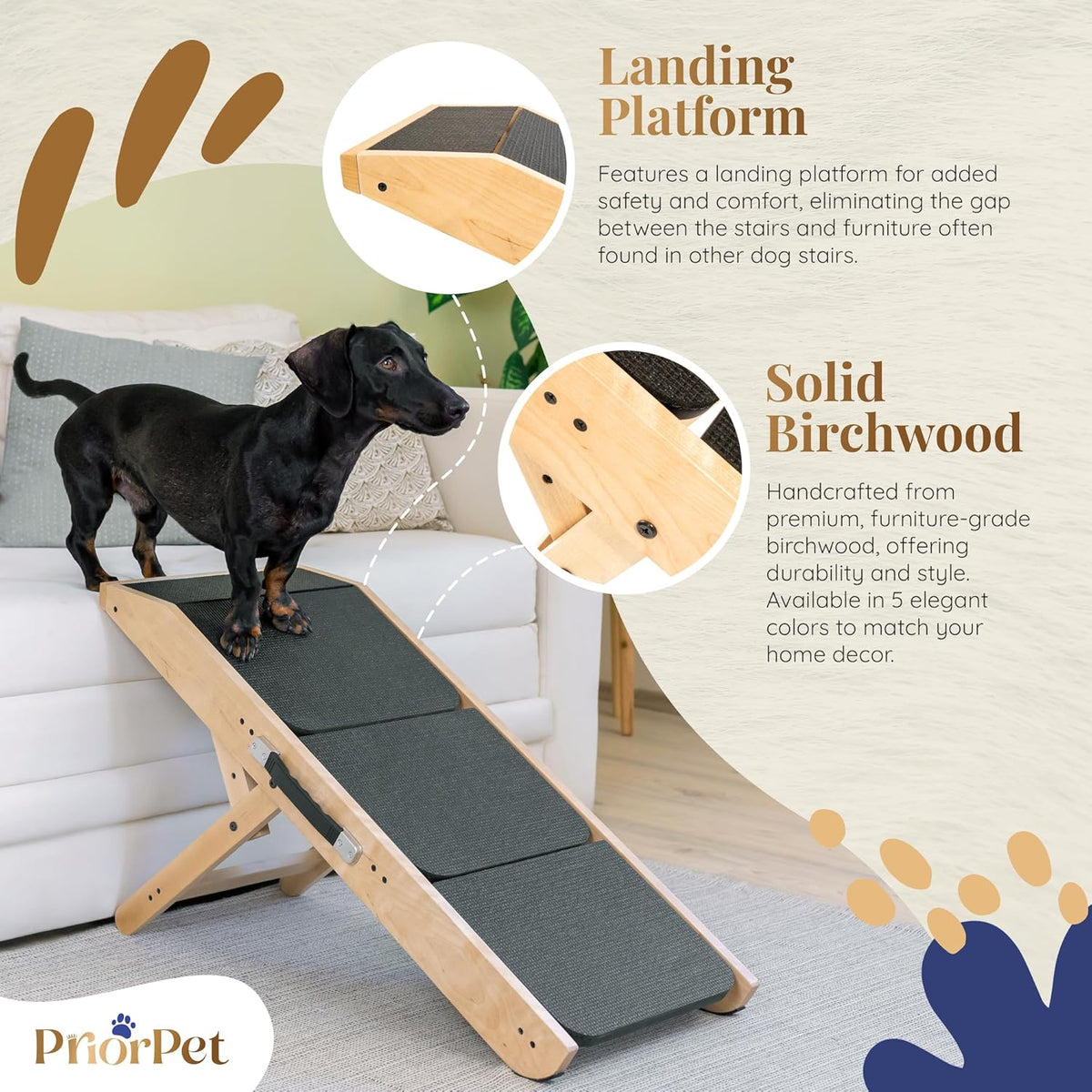Dog Steps for Bed & Couch 2-in-1 Dog Stairs/Ramp - Height Adjustable Dog Ramp for Couch 7” - 20” - Pet Stairs, Dog Stairs for Small Dogs - Easy to Move Pet Steps with Landing Platform, Natural