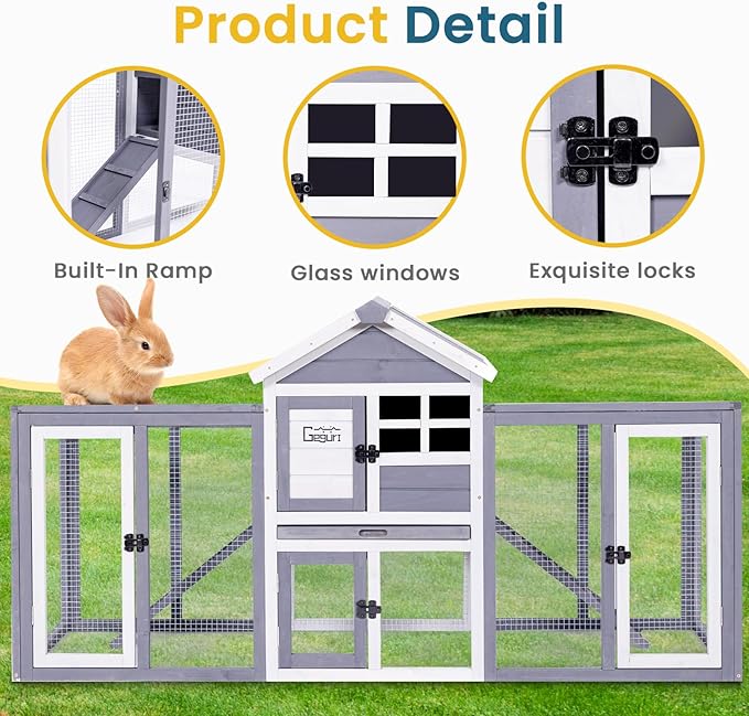 GEGURI Wooden Rabbit Hutch, Indoor Outdoor Chicken Coop Bunny Cage with Waterproof Roof