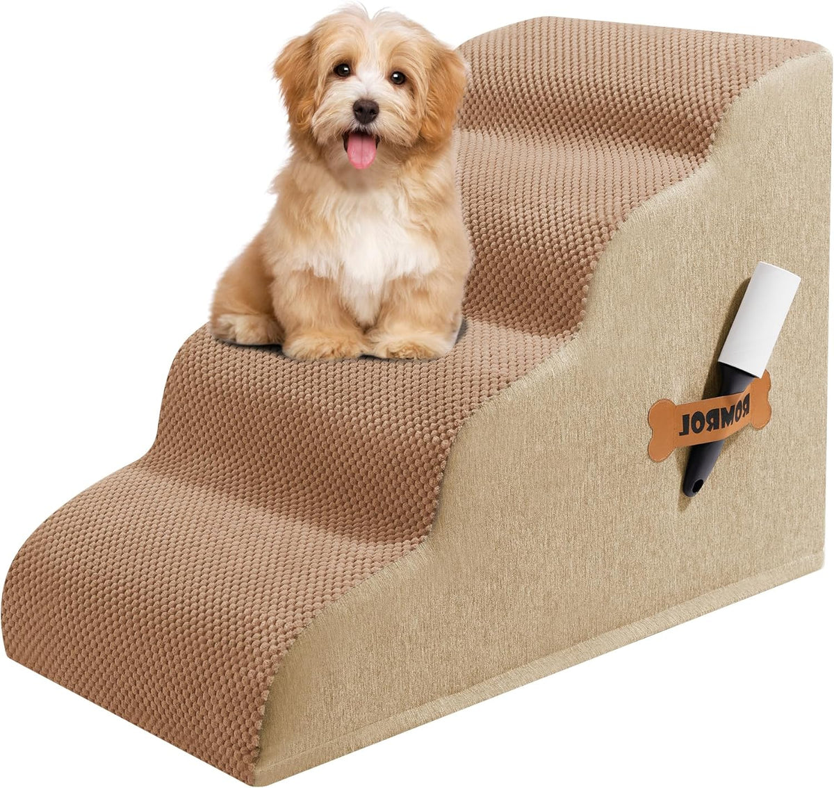 Dog Stairs, Romrol Dog Steps Ramp for High Bed and Couch, Dogs Ramp with Durable Non-Slip Waterproof Fabric Cover, Pet Stairs for Small Dogs and Cats or Pets Joints, 4-TiersLight Brown