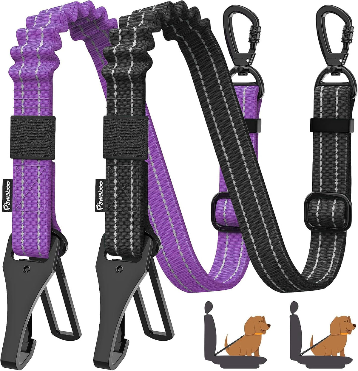 Pawaboo 2Pack Dog Seatbelt for Car, Dog Car Seat Belt Bungee, Shockproof Dog Tether for Car with Buckle & Hook Latch, Adjustable Reflective Dog Car Harness Leash with 360° Lockable Buckle, Purple