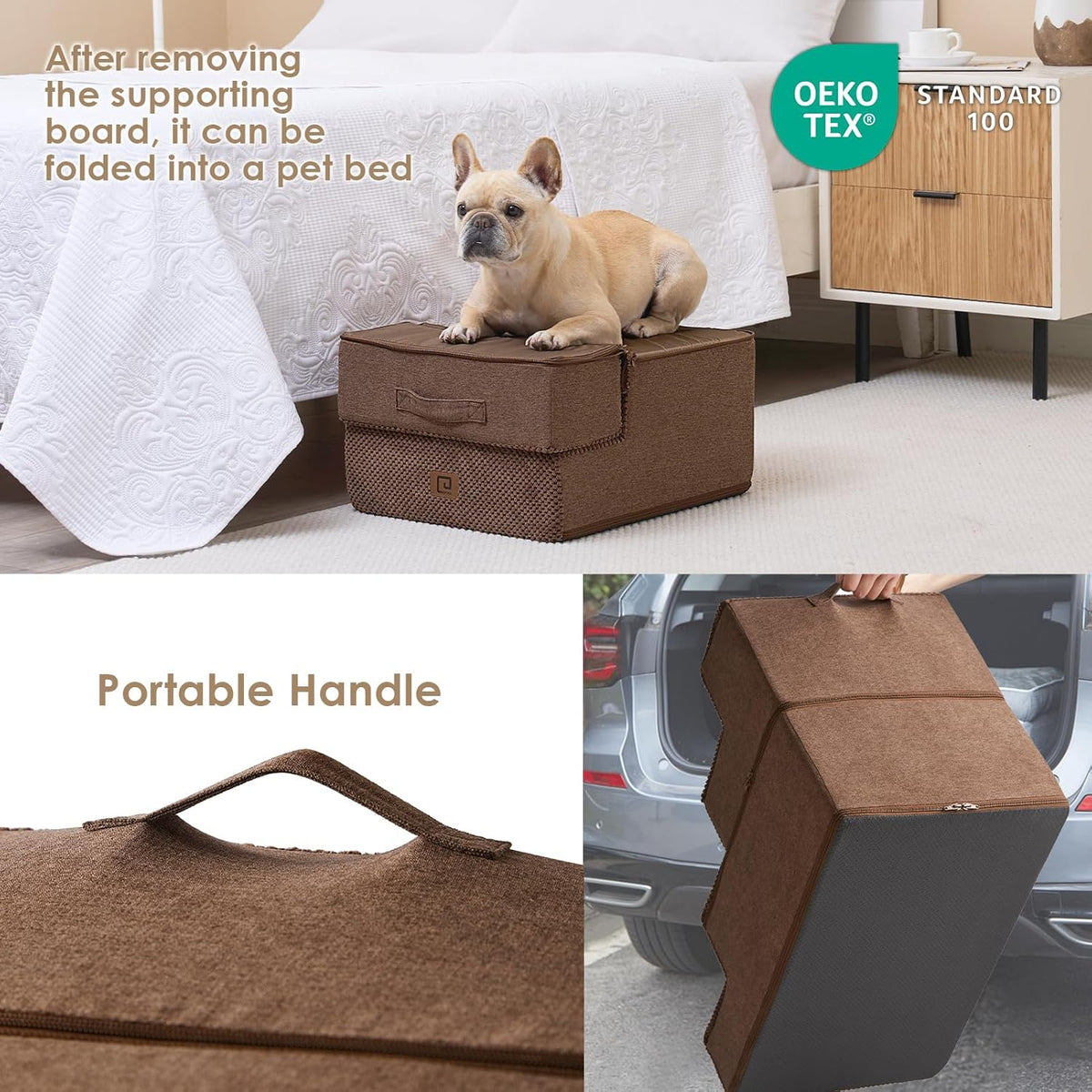 EHEYCIGA Dog Stairs for Small Dogs 13.5" H, 3-Step Dog Steps for Couch Sofa and Chair, Pet Steps for Medium Cats, Non-Slip Balanced Pet Ramp Indoor, Brown