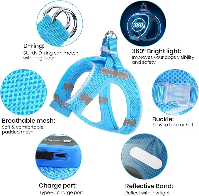 PceoTllar Light Up Dog Harness, LED No Pull Reflective Dog Harness, Flashing Lighted for Night Walking - Small/Medium, (Blue S)