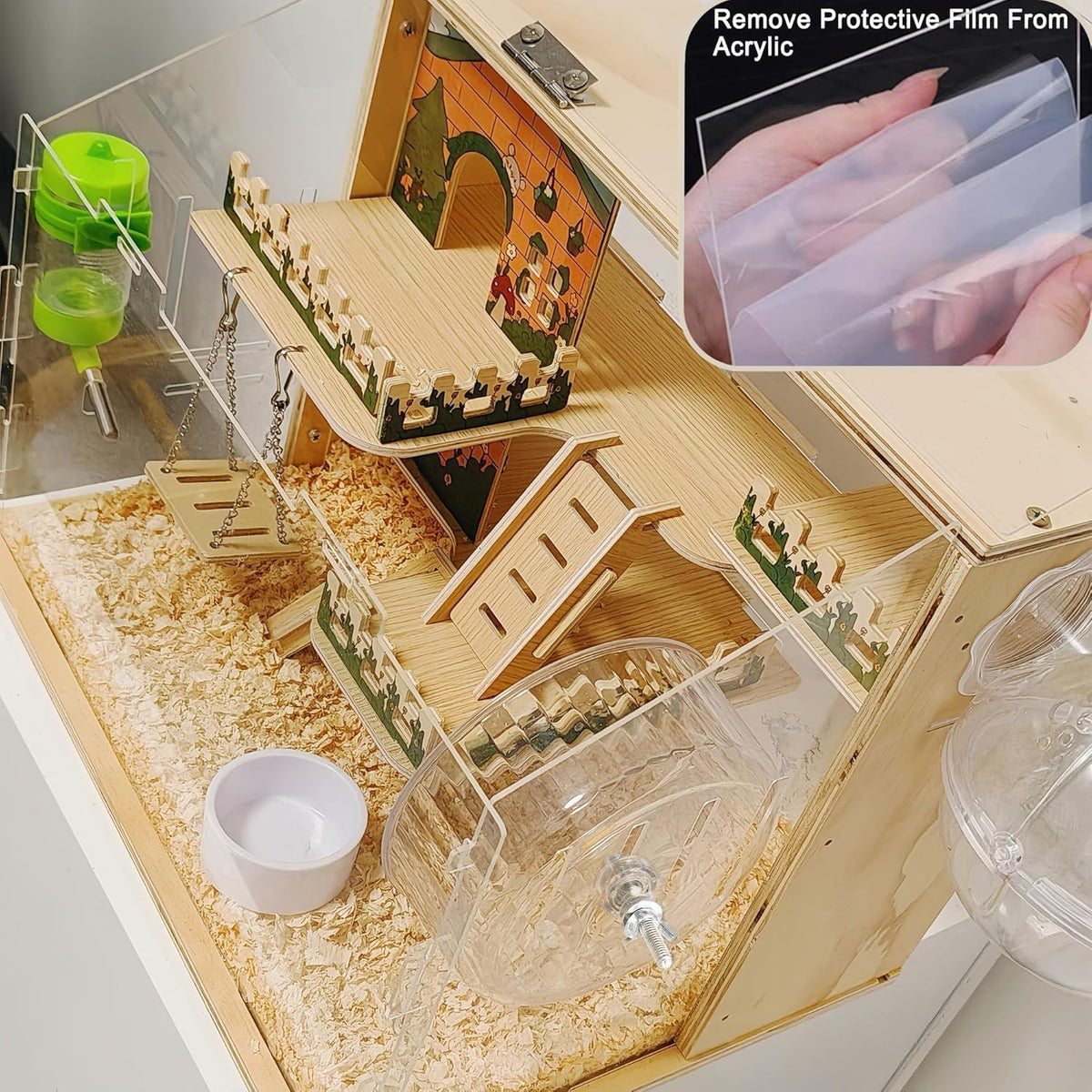 11 in 1 Wooden Hamster Cage with All Accessories, 15.8 Inch 3-Layer Dwarf Hamster Cage Acrylic,Small Animal Cages, Pastoral Style Mouse Cage for Pet Mice, Hedgehog, with Stairs, Fences and Swing