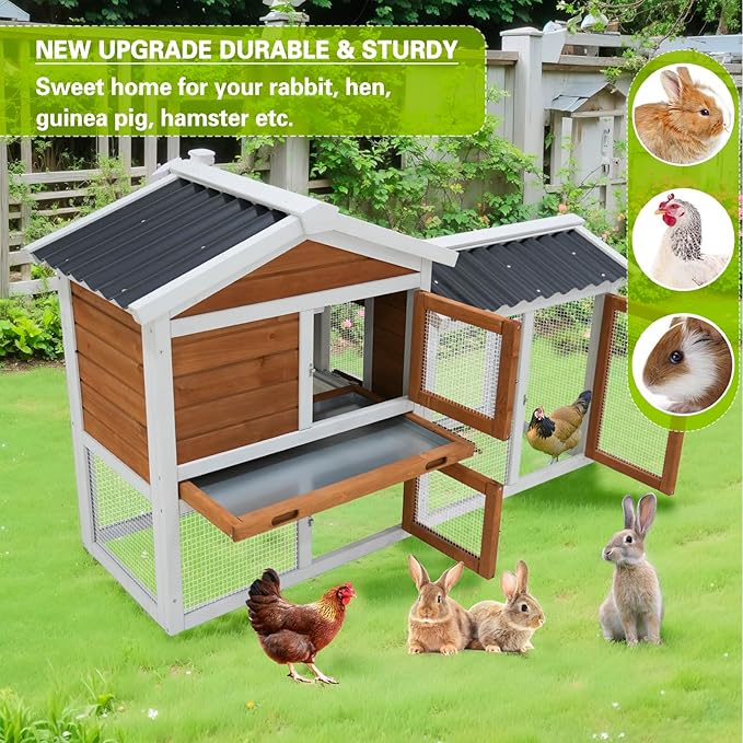 58" Wooden Outdoor Indoor Roof Waterproof Bunny Hutch Rabbit Cage Guinea Pig Coop PET House for Small to Medium Animals with Stairs and Cleaning Tray