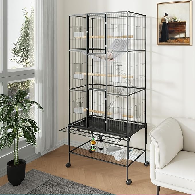 69 Inch Extra Large Bird Cage Wrought Iron Parrot Cage with Storage Shelf for Mid-Sized Parrots Cockatiels Conures Parakeets Lovebirds Budgie Finch
