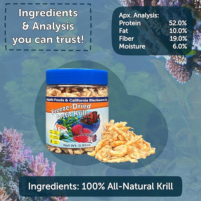 Aquatic Foods Inc. Arctic Krill, Freeze Dried Krill, High in Natural Color Enhancing for Large Cichlids, Tropical Fish, Koi, Turtles, 12-Type Pellet Mix & 4-Type Wafer Mix Included 1.9oz Canister