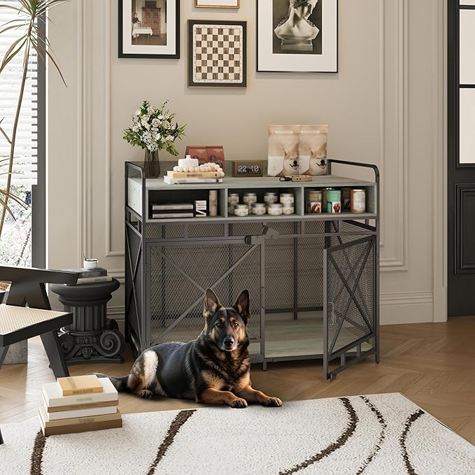 Dog Crate Furniture, 48" Heavy Duty Wooden Dog Crate End Table, XL Dog Kennel Furniture Large Breed, Decorative Dog Kennel Indoor with 3 Drawers & Steel Tubes 48" L x28 W x38 H (Grey)