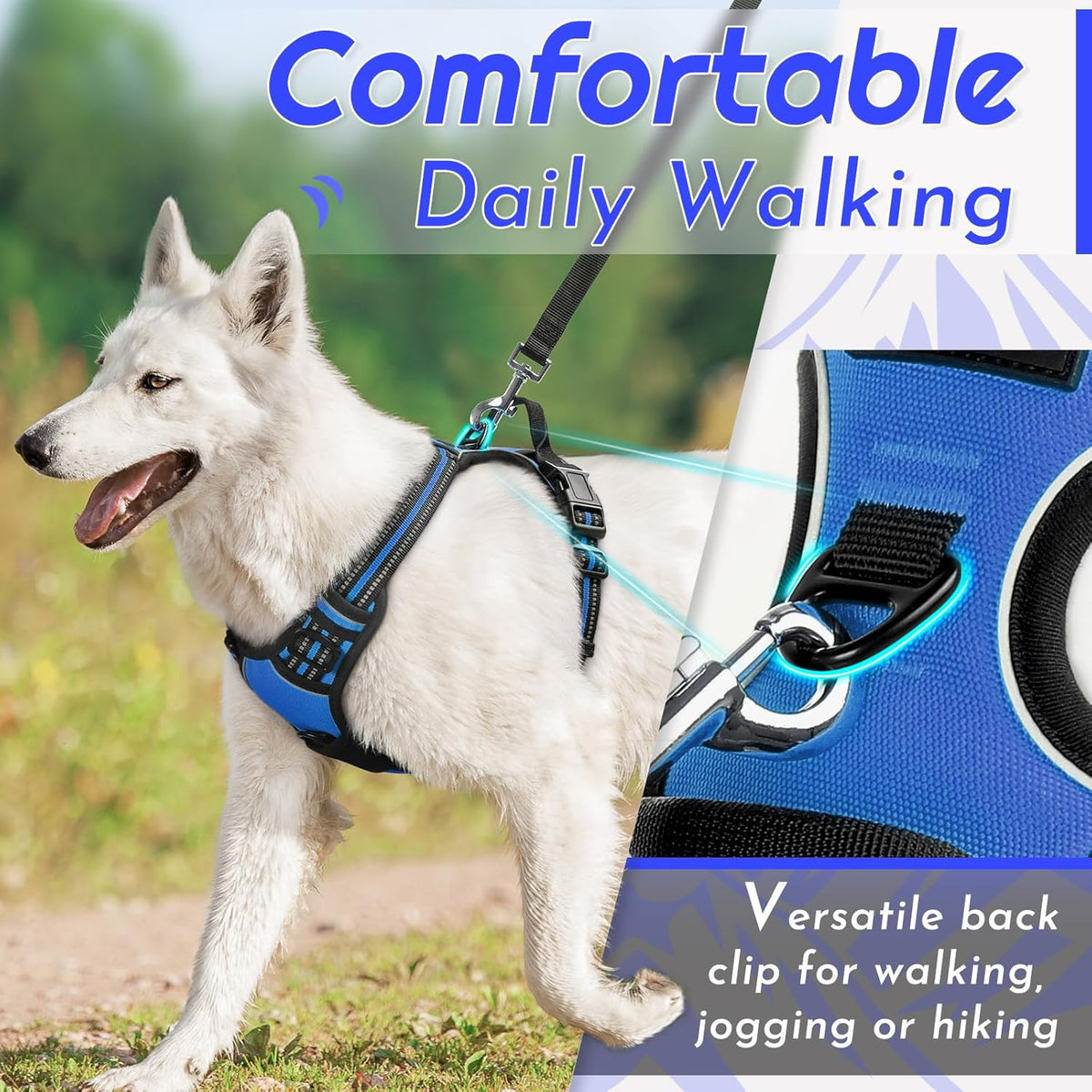 Eagloo Dog Harness for Large Dogs, No Pull Service Vest with Reflective Strips and Control Handle, Adjustable and Comfortable for Easy Walking, No Choke Pet Harness with 2 Metal Rings, Blue, L