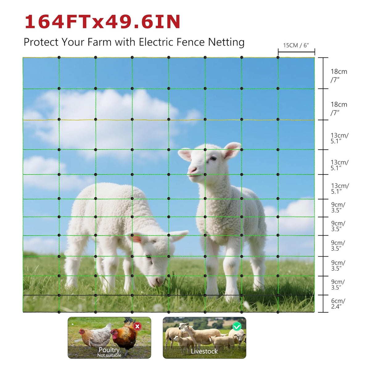 Electric Fence Netting, 49.6" H x 164'L, Electric Poultry Fence, Net Fencing Kit, Movable Livestock Nets for Yard,Backyards,Farms,Ranches, Energizer Not Included