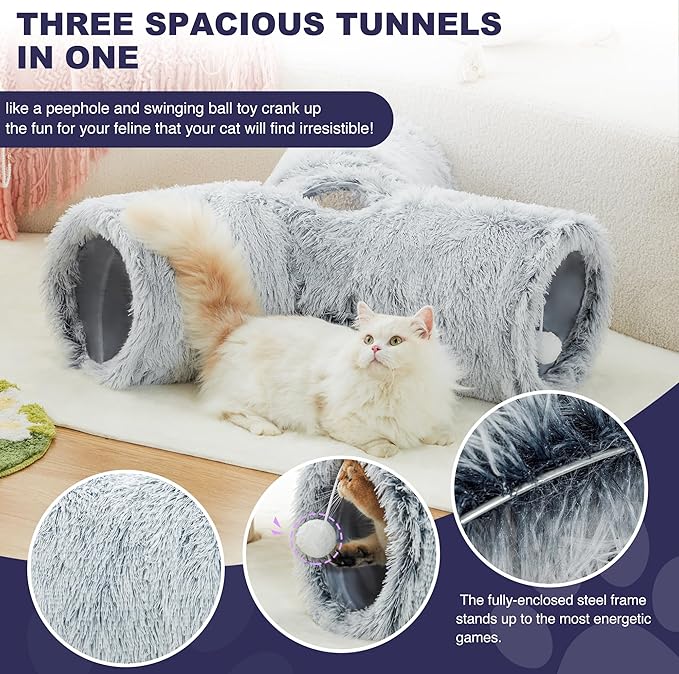 Tempcore Plush Pet Cat Tunnel Tube Cat Toys 3 Way Collapsible, Tunnels for Indoor Cats，Kitty Tunnel Bored Pet Toys Peek Hole Toy Ball Puppy, Kitty, Kitten, Rabbit Light Grey