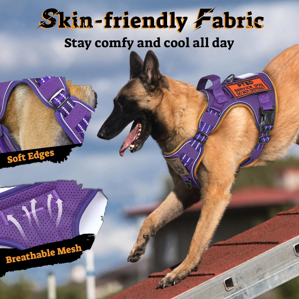 rabbitgoo Dog Harness for Large Dogs No Pull, Tactical Service Pet Vest with Molle and Control Handle, Adjustable and Reflective Military Harness for Easy Walking and Training, Purple, L