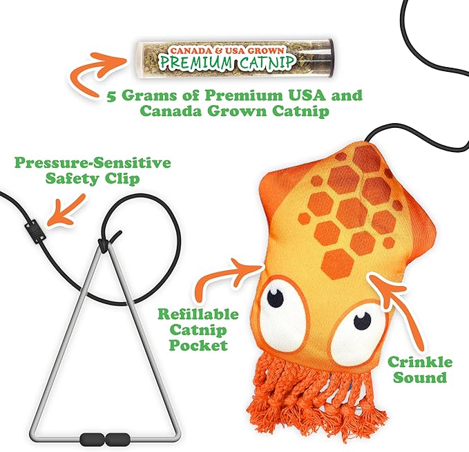 Meowijuana Jump 'n' Jamb Door Hanging Cat Toy | Deep Sea Squid | Refillable Interactive Catnip Toy | Promotes Play and Cat Health | Includes Potent Catnip Grown in North America