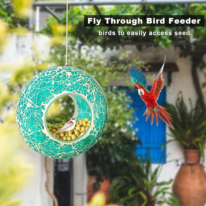 Bird Feeder Mosaic Fly Through Bird Feeder for Outside Hanging with Round Shape Glass Feeders to Attract Wild Birds for Garden, Deck, Yard, Backyard and Porch Decor, 6.8-Inch