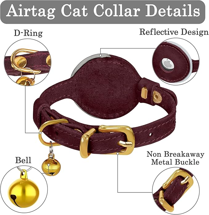 OOPSDOGGY Reflective Leather AirTag Cat Collar with Bell - Non Breakaway Adjustable Pet Collar with Apple Air Tag Holder - Lightweight GPS Kitten Collars for Small Dogs Puppy (Burgundy)