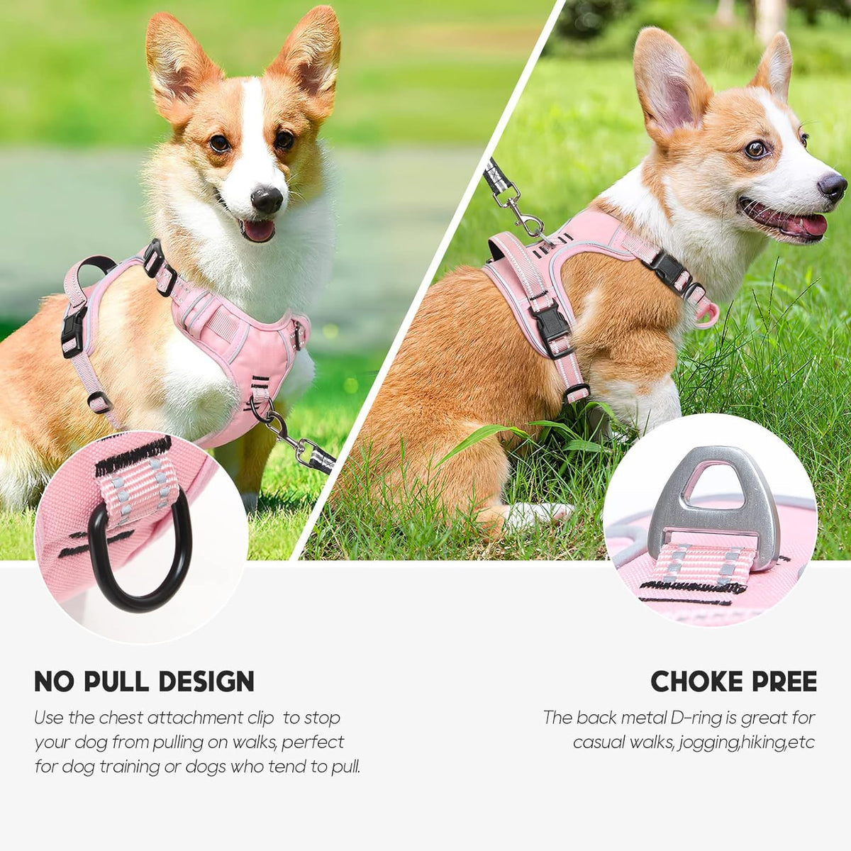 Timos Dog Harness, 3 Snap Buckles No-Pull Soft Padded Dog Vest with 2 Metal Leash Clips, Adjustable Reflective No Choke Pet Harness with Easy Control Handle for Large Dogs,Pale Pink,L
