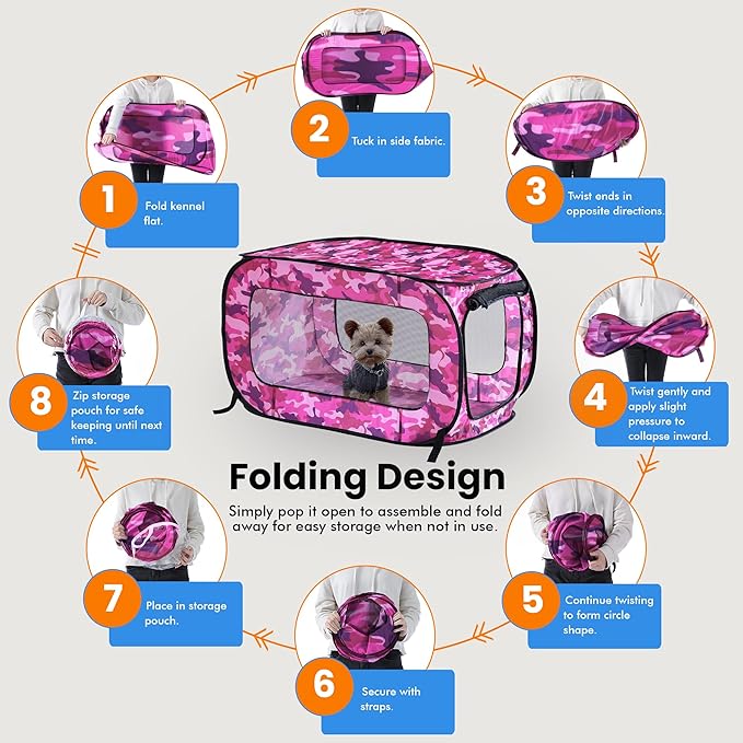 Beatrice Home Fashions Portable, Collapsible, Pop Up Kennel Travel Cat and Dog Crate, 36" L x 22" W x 22" H, Camo Pink