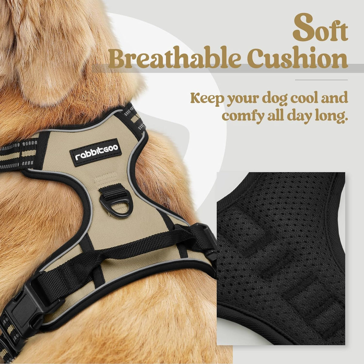 rabbitgoo Dog Harness No Pull with 2 Leash Clips, Adjustable Soft Padded, Reflective Oxford No Choke Pet Vest with Easy Control Handle for Large Dogs, Beige, L