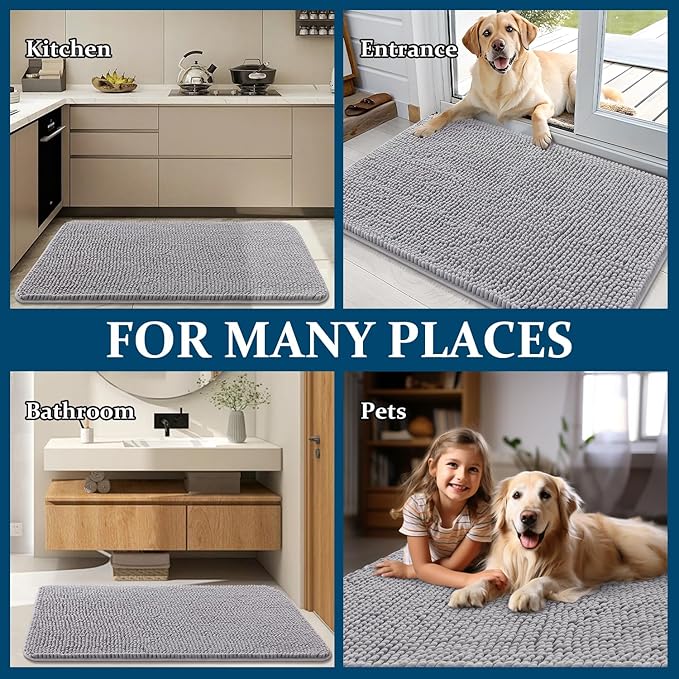 OLANLY Dog Door Mat for Muddy Paws 59x24, Absorbs Moisture and Dirt, Absorbent Non-Slip Washable Doormat, Quick Dry Chenille Mud Mat for Dogs, Entry Indoor Entryway Carpet for Inside Floor, Light Grey