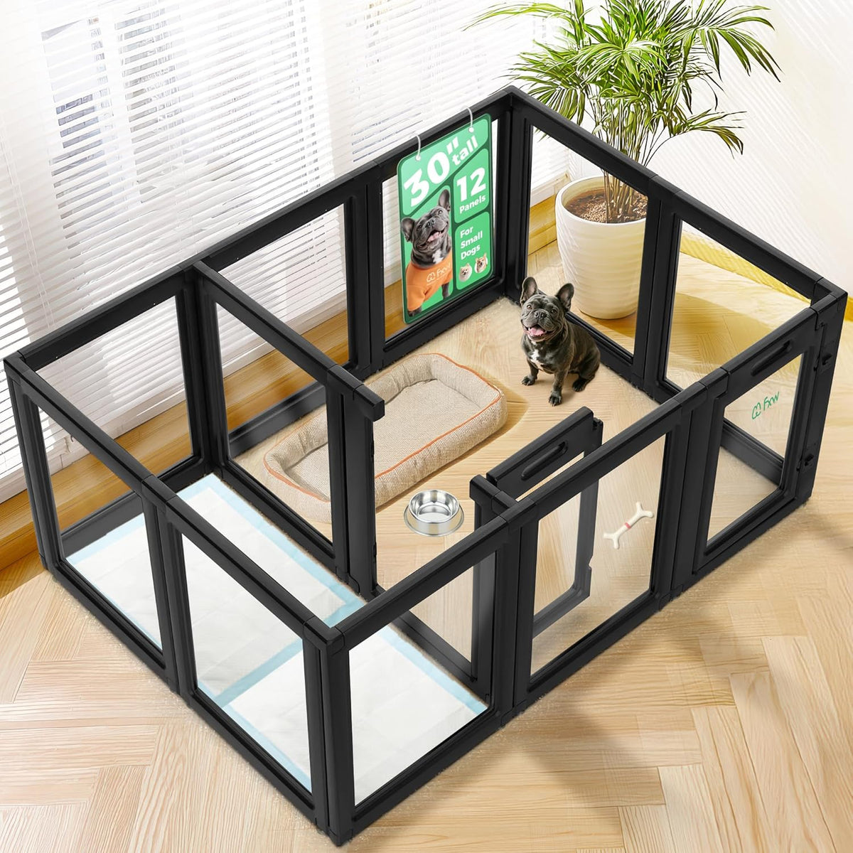 FXW AuraSpace Acrylic Indoor Unleashed Dog Playpen for Small and Medium Dogs, 30 Inch, 12 Panels, Black