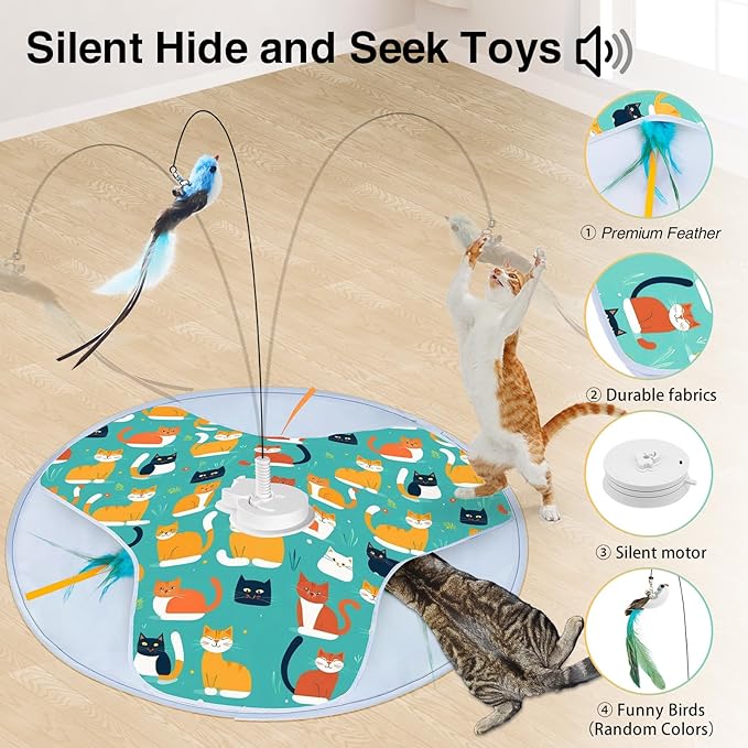 Interactive Cat Toys, 2025 Upgraded Automatic Cat Toy for Indoor Cat, Kitten Toys for Bored Indoor Adult Cats, Hide and Seek Cat Toy with Moving Feather, USB Rechargeable