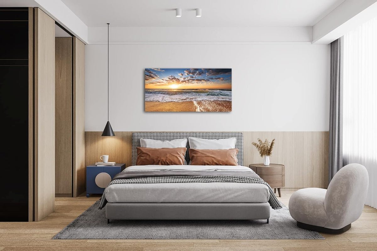 Jiuqinghua Wall Art Decor Large Canvas Print Picture Sunrise over the Sea 1 Panel Ocean Beach Waves Scenery Painting Artwork for Office Wall Decor Home Decoration Stretched and Framed Ready to Hang