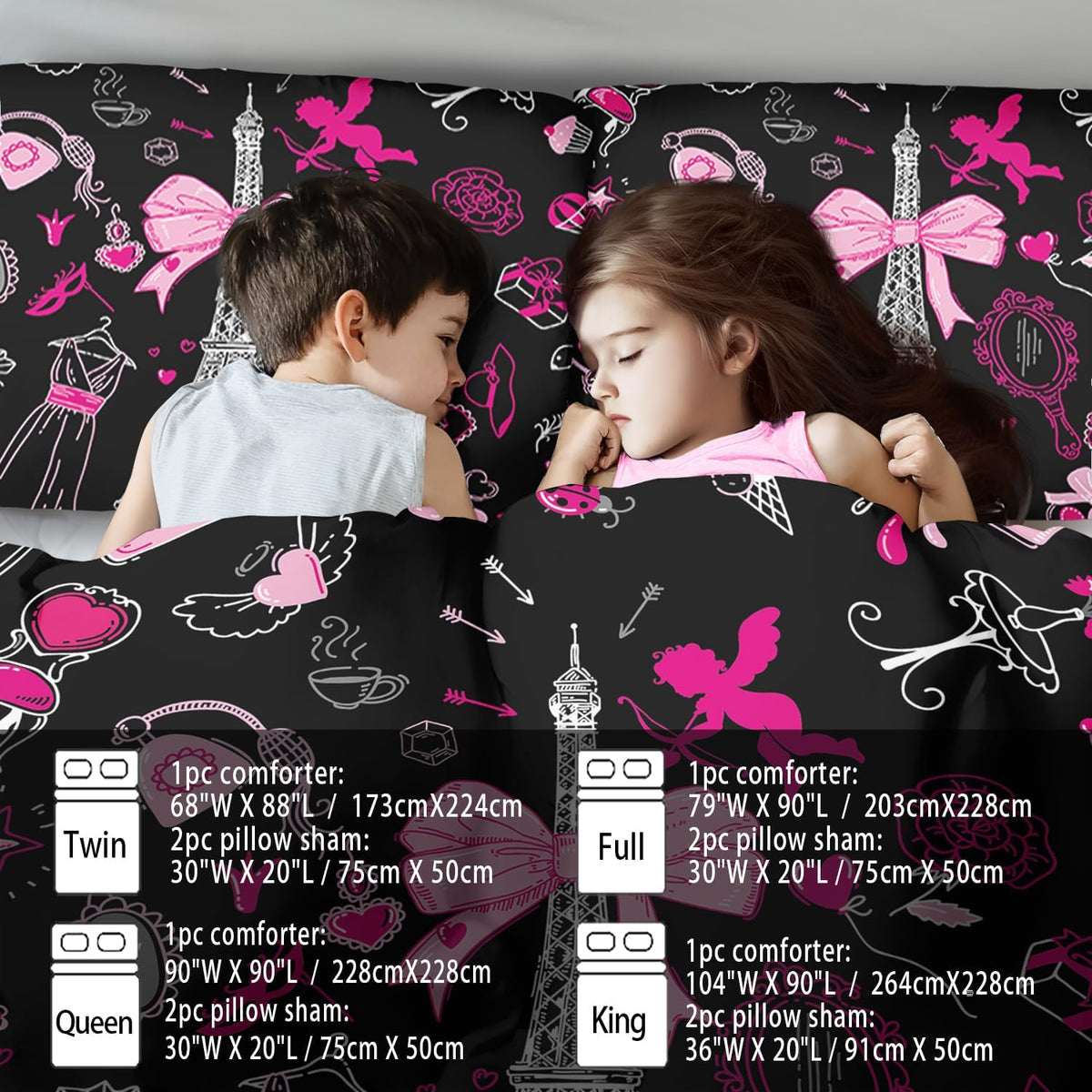 Eiffel Tower Comforter Set King Size,Eiffel Tower Bedding Set for Girls, Pink and Black Paris Themed Comforter Bedroom Decor,Paris Quilt French Style Romantic Bedding