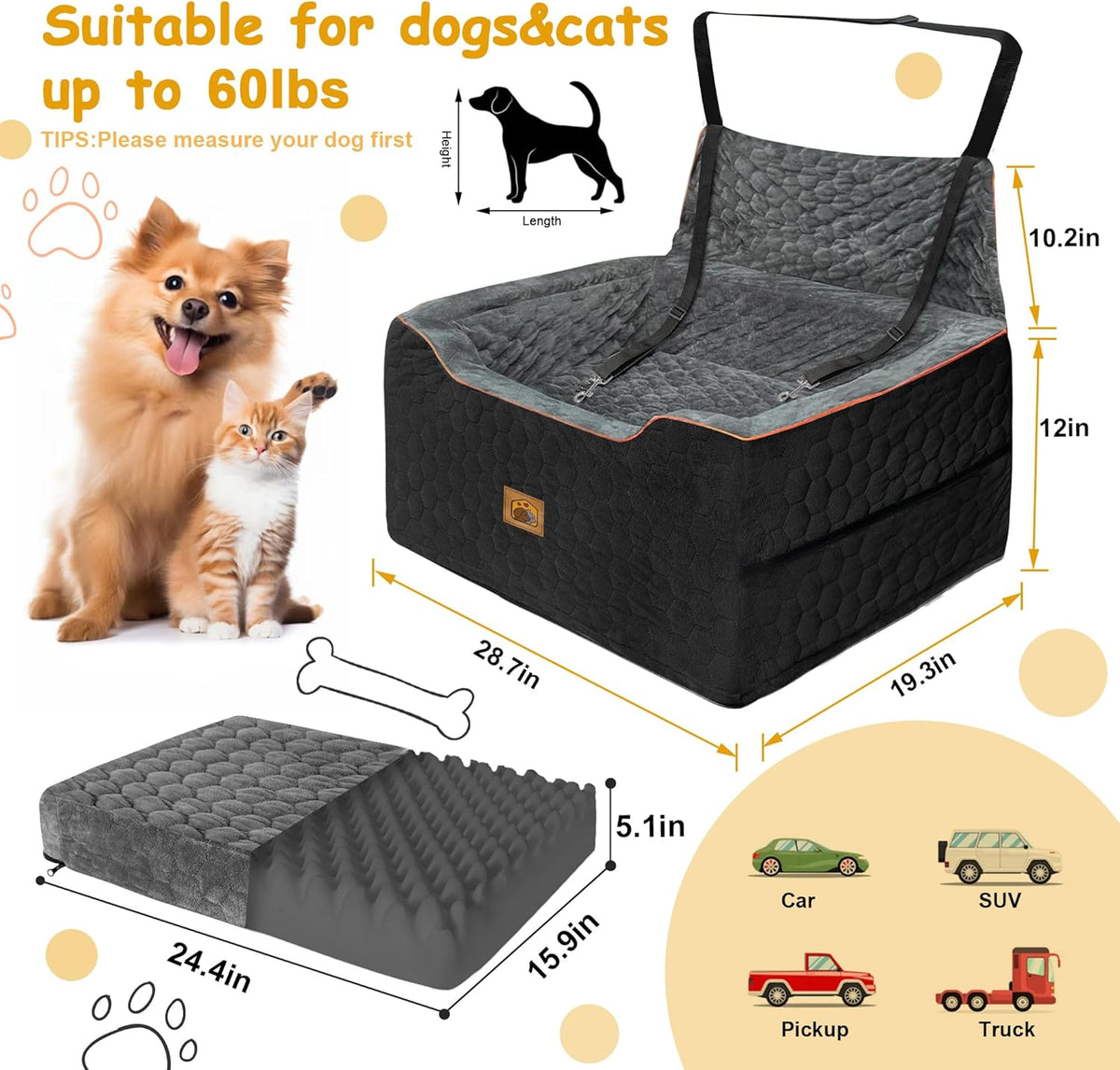 Dog Car Seat for Medium/Large Dog Booster Seat for Dogs Under 60 lbs or 2 Small Dogs, Multi-Functional Pet Car Seat with Thick Cushion, 2 Safety Leashes (BlackGray)