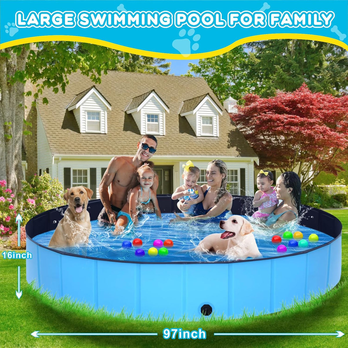 Extra Large Collapsible Dog Pool,97"x16" Anti-Slip Portable Swimming Pool Bathing Tub,Hard Plastic Kiddie Pool for Pets Dogs Cats & Kids…
