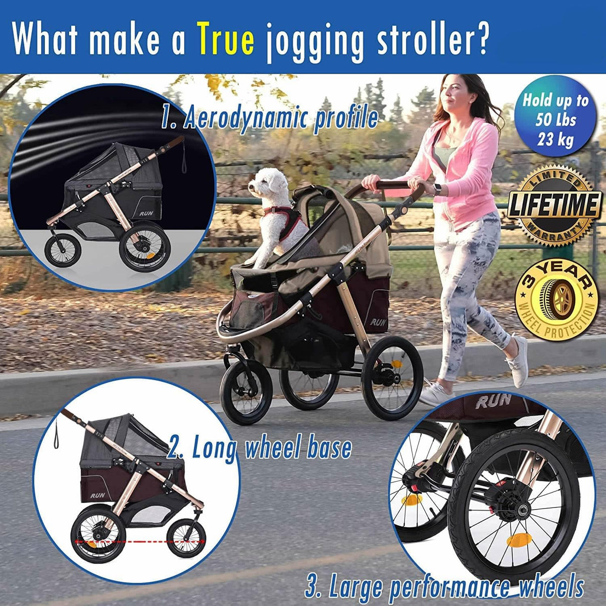 Run Performance Jogging Sports Stroller with Comfort Rubber Wheels/Zipper-Less Entry/1-Hand Quick Fold/Aluminum Frame for Small/Medium Dogs, Cats and Pets (Taupe)