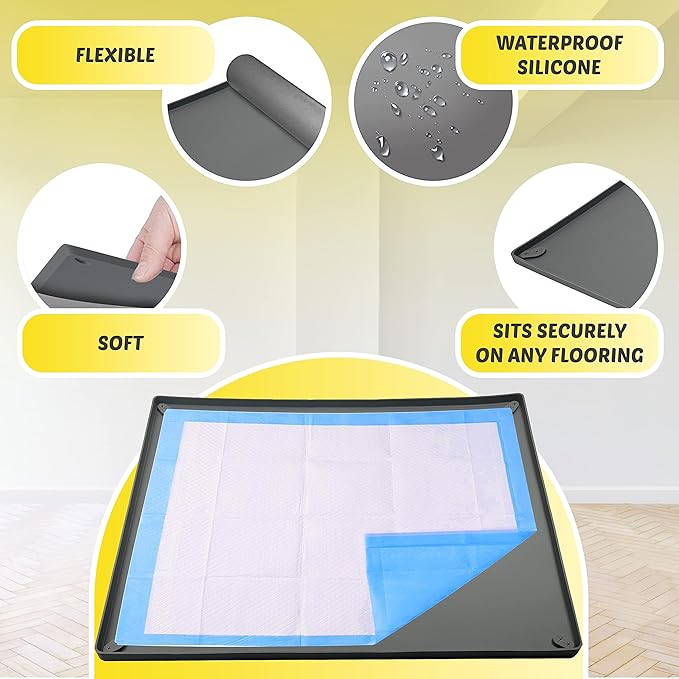 TidyFriend Pee Pad Holder Tray 36 x 36 Inches, Puppy Pad Holder, Easy to Clean and Store Pee Pad Holder for Dogs, Silicon Training Pad Holder, No Spill Puppy Pad Holder (Grey)