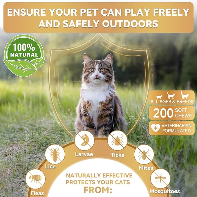 Flea and Tick Prevention for Cats, 200 Soft Chews for Fleas Treatment for Cats, Natural Cat Oral Flea Chewables Support Supplement, Flea and Tick Chews for All Breeds & Sizes