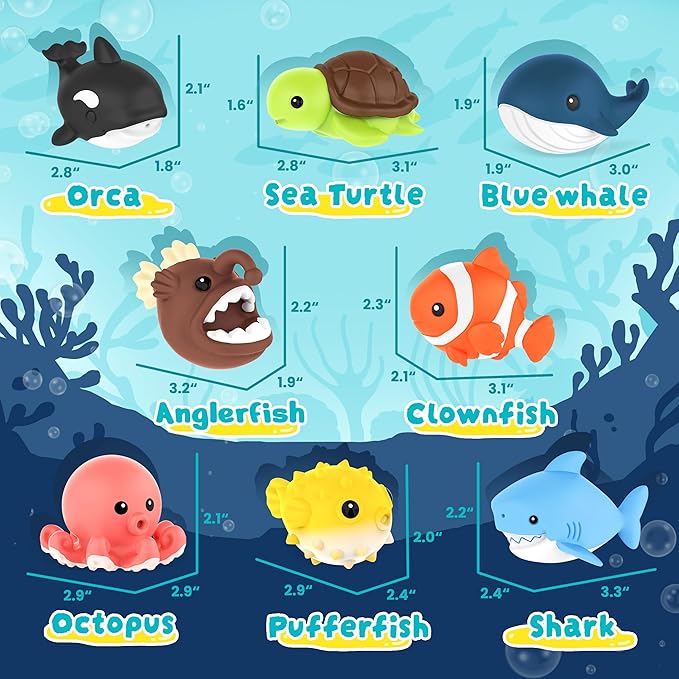 8 PCS Ocean Animal Bath Toys Mold Free Infant Bath Tub Toys for 12 Months - No Hole Bathtub Toys for Toddlers 1-3 Water Pool Toys for Baby Toddler Ages 1+