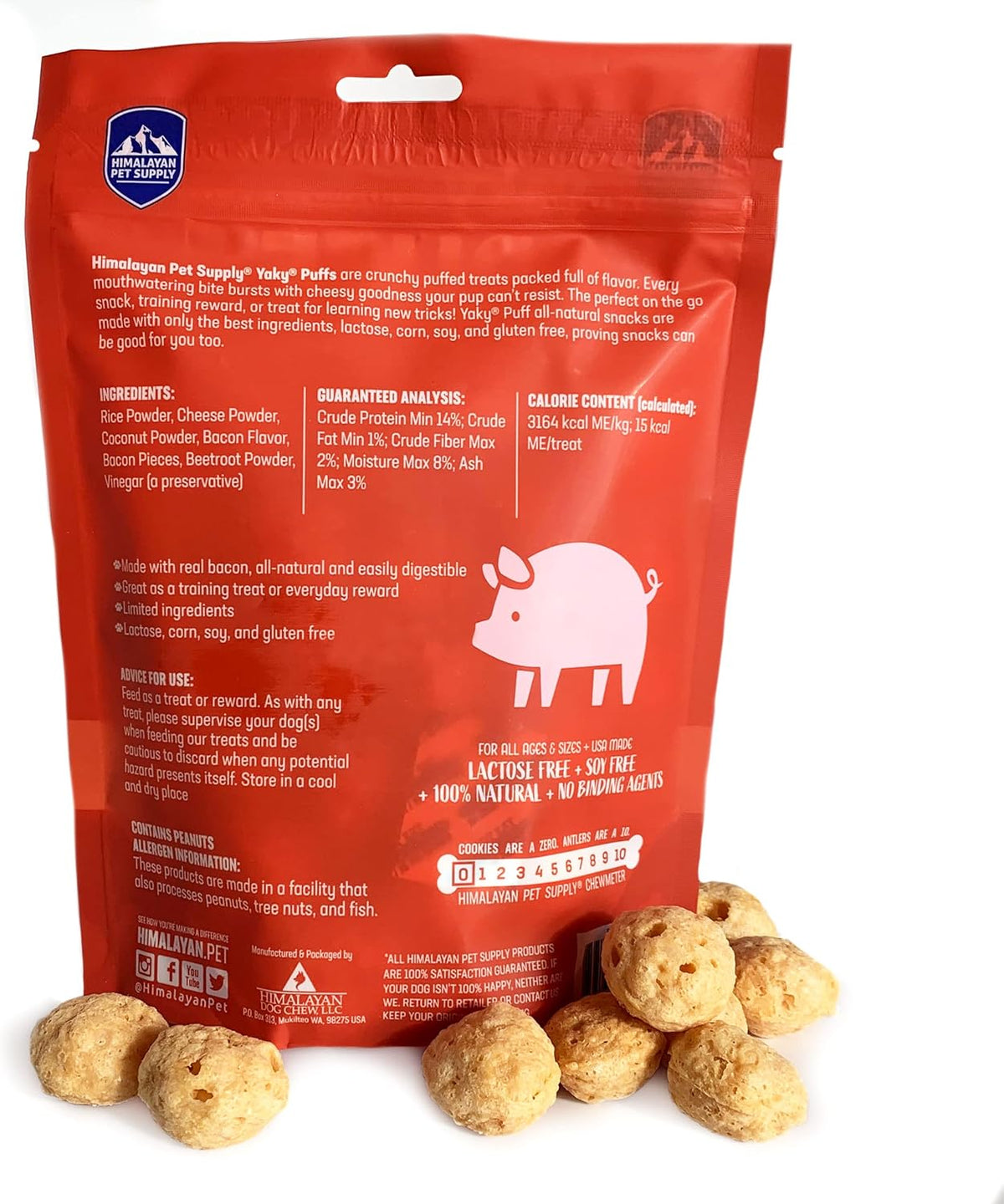yakyPUFF Himalayan Cheese Treats | Lactose Free | Gluten Free | Grain Free | REAL BACON | USA MADE | For All Breeds | Bacon Flavor Crispy Puffed Treat