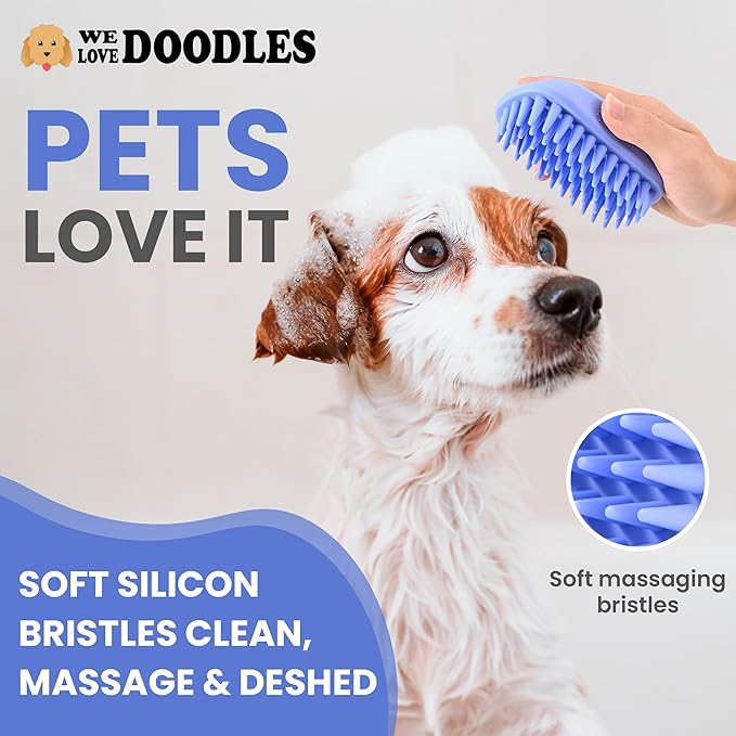 Bath Brush for Pet Grooming & Massage - Rubber Scrubbing Brush for Showers, Ideal for Long & Short Haired Dogs and Cats, Essential Puppy Accessory, Long Pins [We Love Doodles]