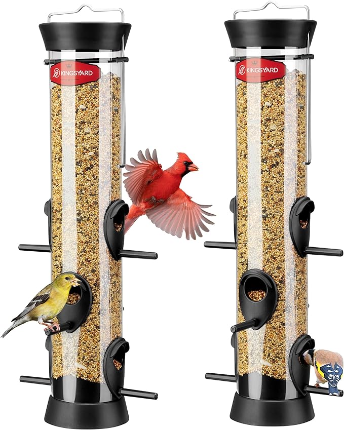 Kingsyard 2 Pack Tube Bird Feeder for Outdoors Hanging, Removable Base and Perch, 6 Feeding Ports - Easy to Clean, Premium Hard Plastic, Attracting for Finches Cardinals (Black)