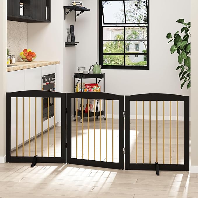 Freestanding Pet Gate for Dogs, Foldable Wooden Dog Gate for House, Indoor Dog Gate for Doorways, Stairs, Step Over Pet Puppy Safety Fence, Support Feet Included,24" Height 3 Panels,Black&Gold
